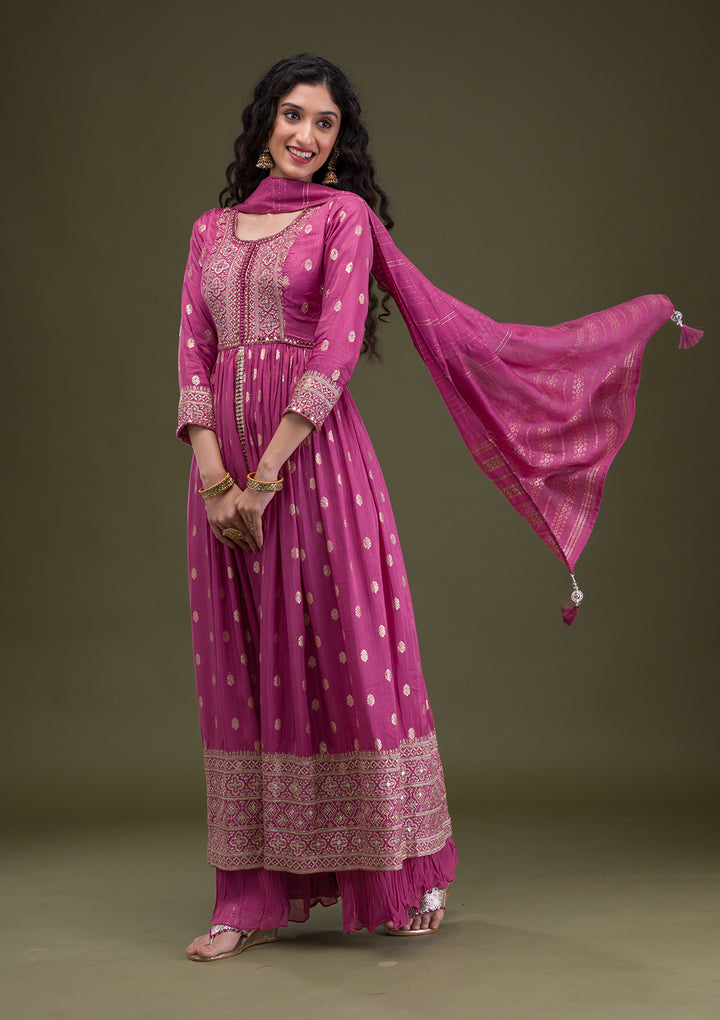 Onion Pink Zariwork Banarasi Silk Readymade Salwar Suit