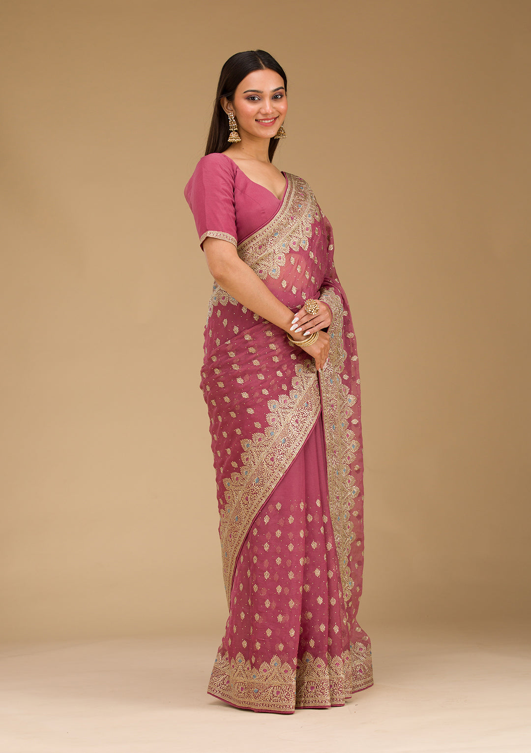 Onion Pink Zariwork Chiffon Saree