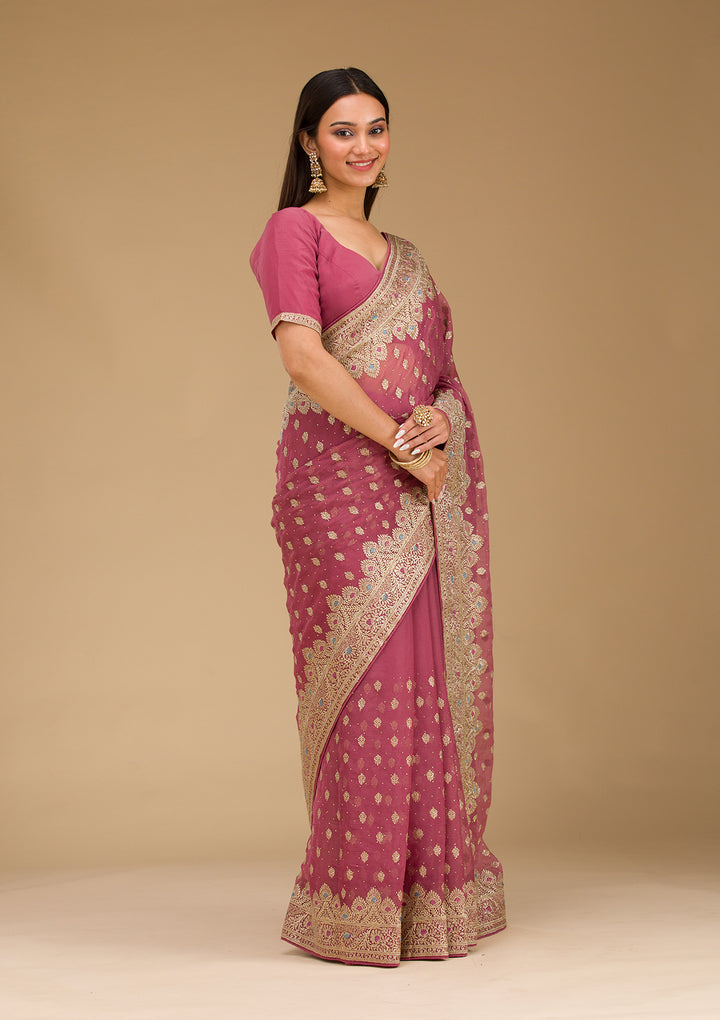 Onion Pink Zariwork Chiffon Saree