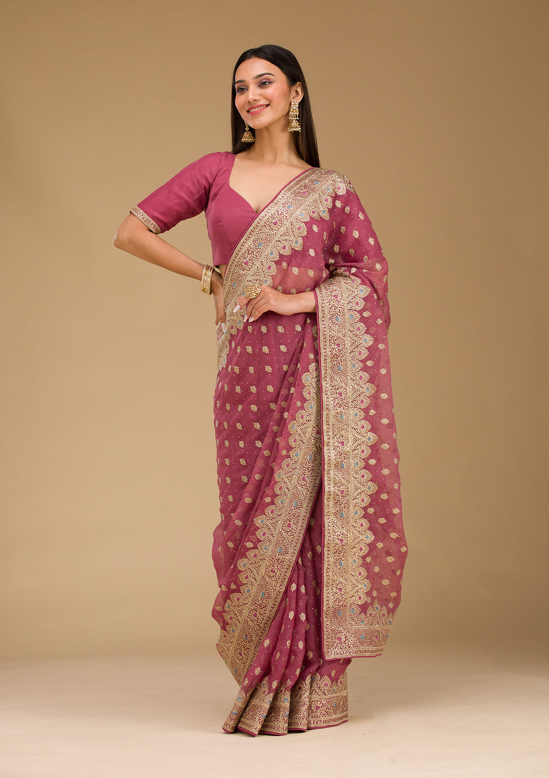 Onion Pink Zariwork Chiffon Saree