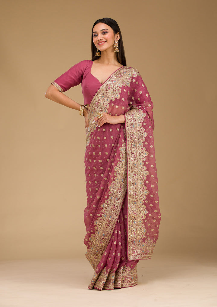 Onion Pink Zariwork Chiffon Saree