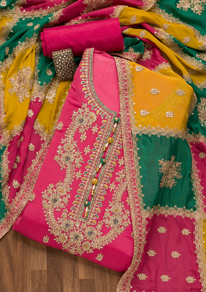 Onion Pink Zariwork Georgette Unstitched Salwar Suit-Koskii