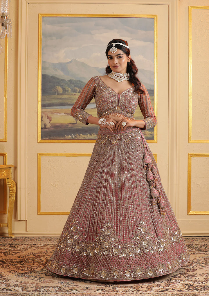 Onion Pink Zariwork Net Readymade Lehenga