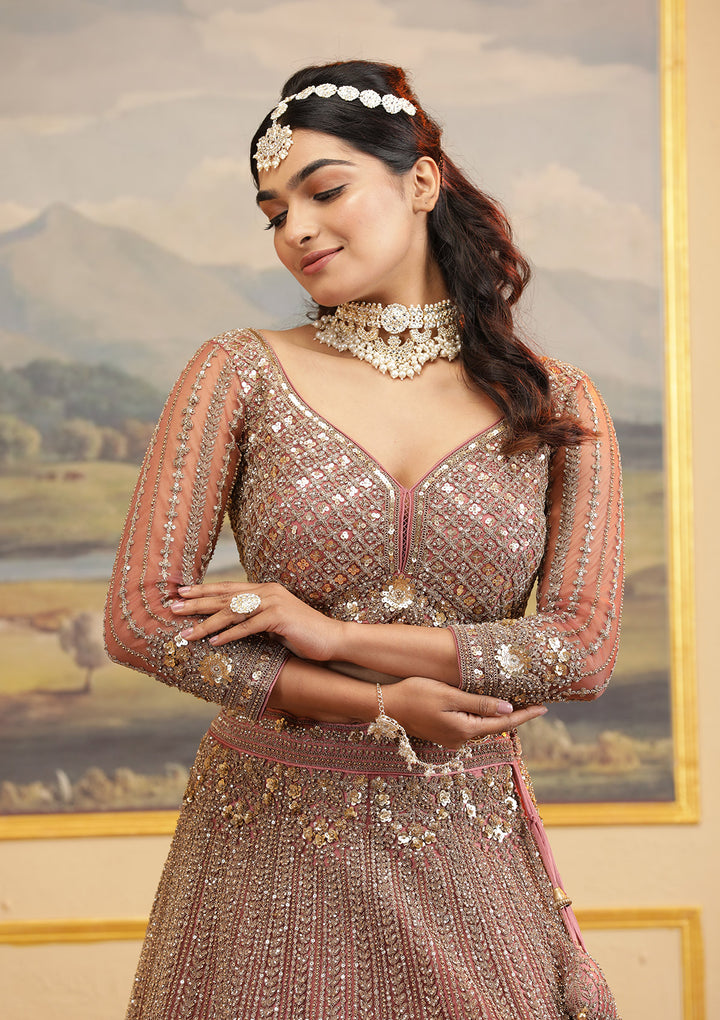 Onion Pink Zariwork Net Readymade Lehenga