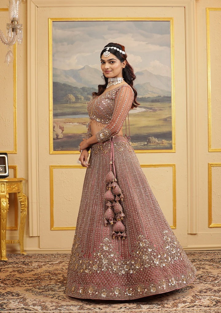 Onion Pink Zariwork Net Readymade Lehenga