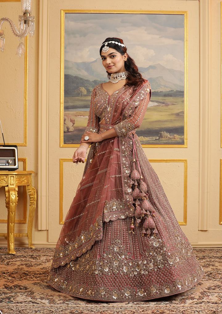 Onion Pink Zariwork Net Readymade Lehenga