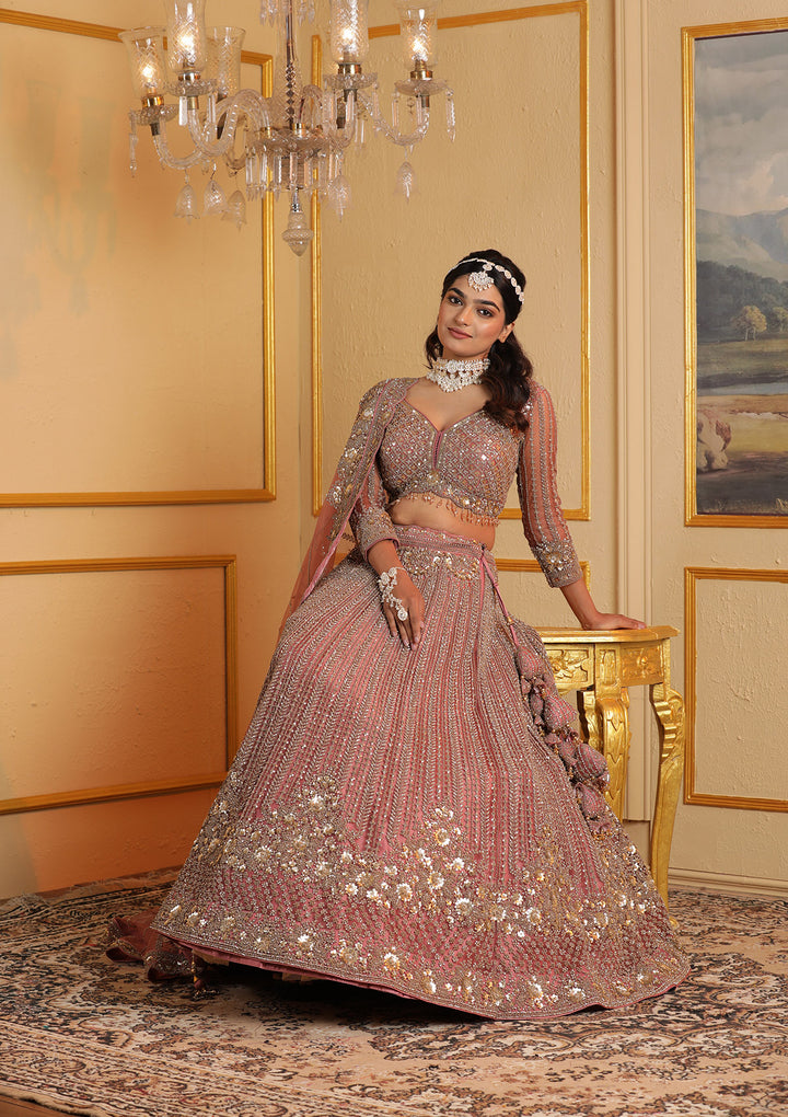Onion Pink Zariwork Net Readymade Lehenga