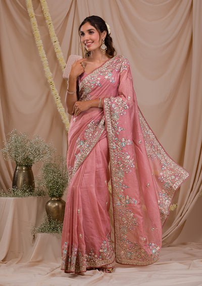 Onion Pink Zariwork Net Saree-Koskii
