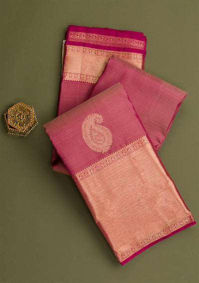 Onion Pink Gold Zariwork Pure Silk Saree-Koskii