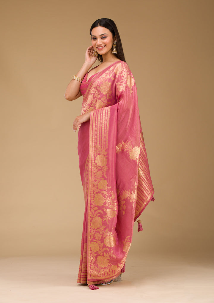Onion Pink Zariwork Raw Silk Saree