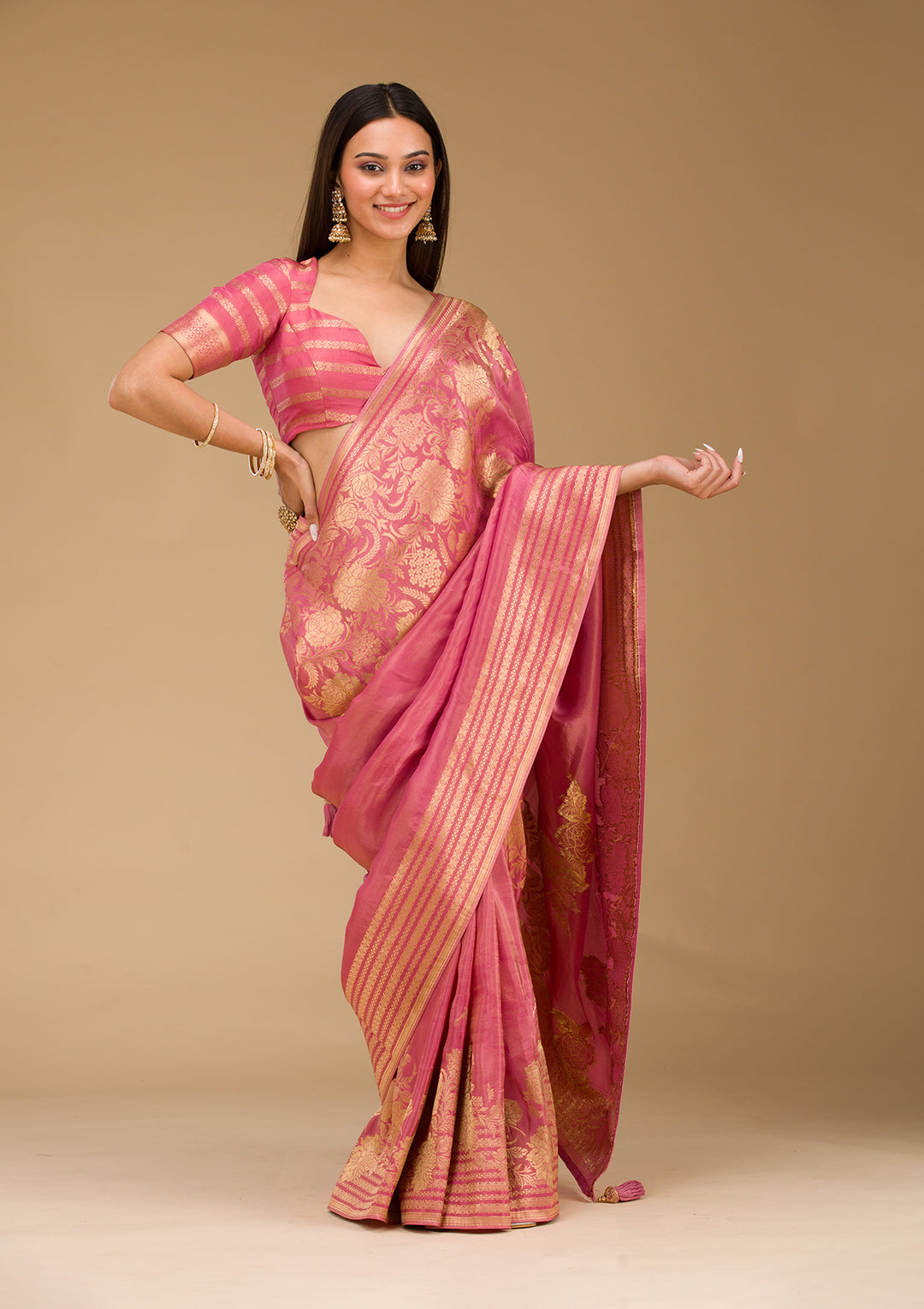 Onion Pink Zariwork Raw Silk Saree