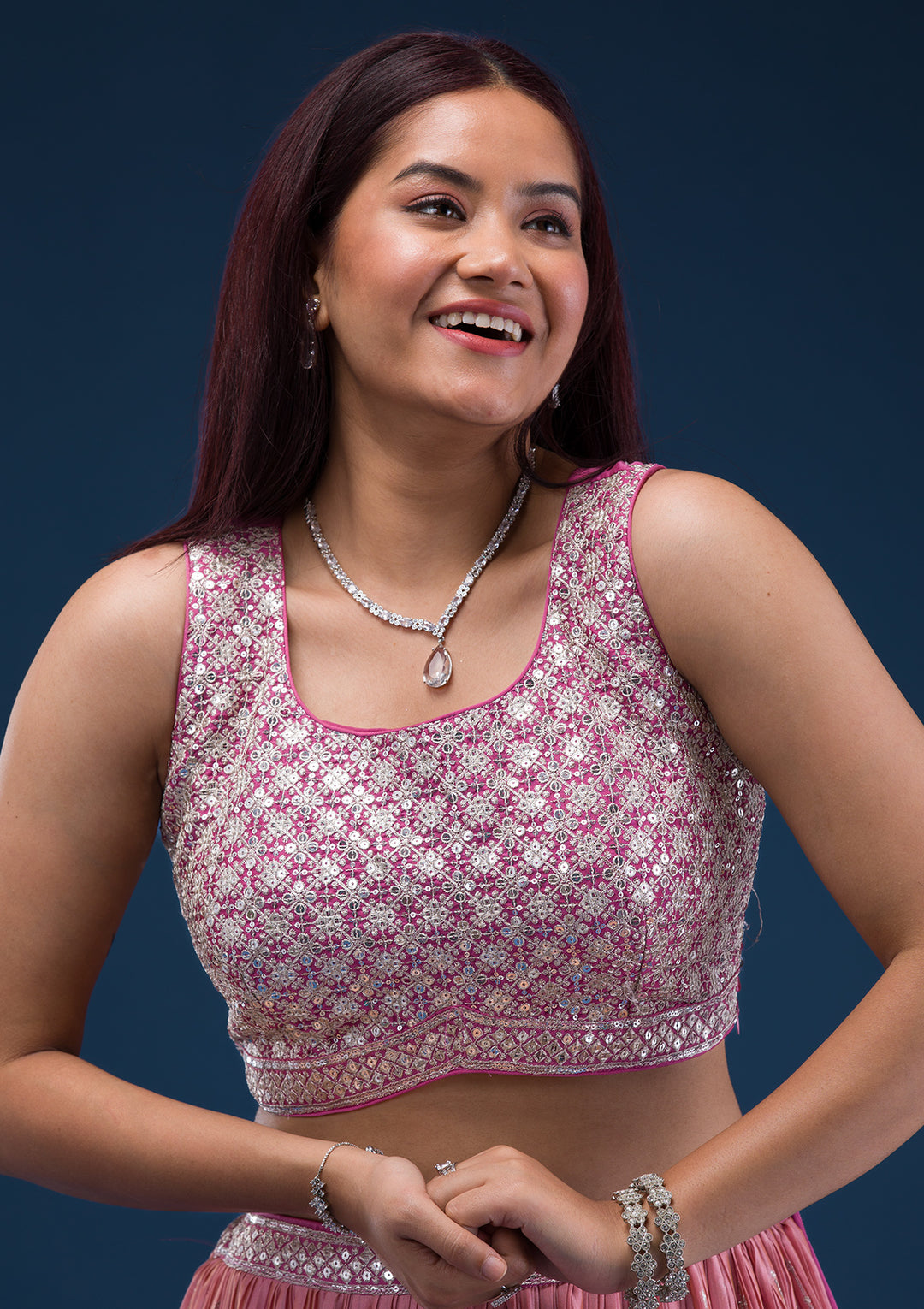 Onion Pink Zariwork Semi Crepe Readymade Lehenga