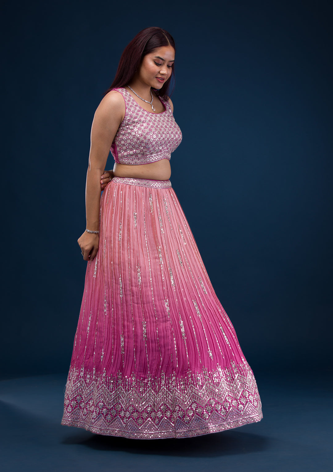 Onion Pink Zariwork Semi Crepe Readymade Lehenga