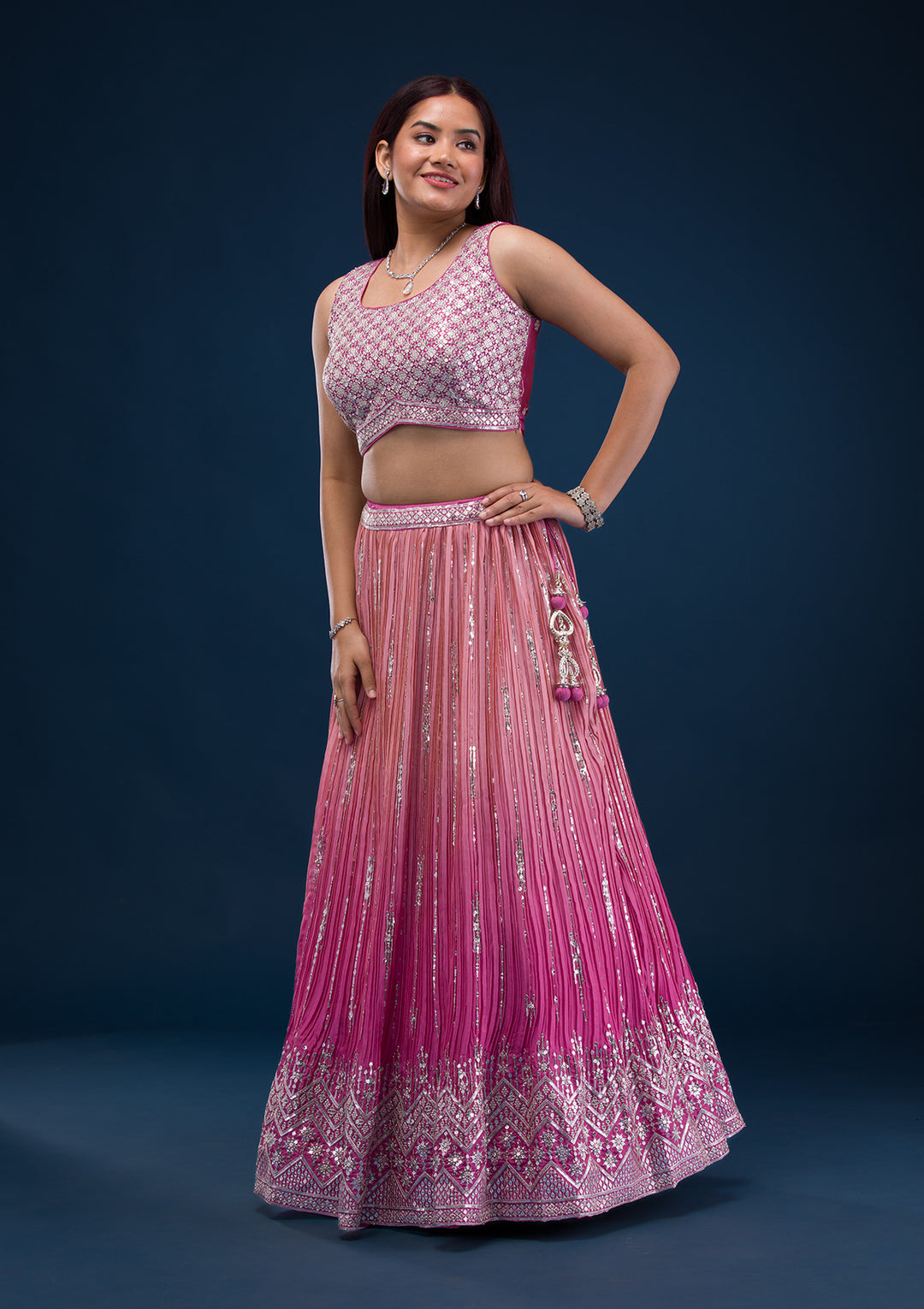 Onion Pink Zariwork Semi Crepe Readymade Lehenga