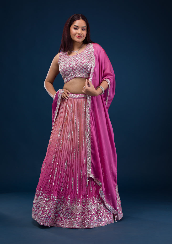 Onion Pink Zariwork Semi Crepe Readymade Lehenga