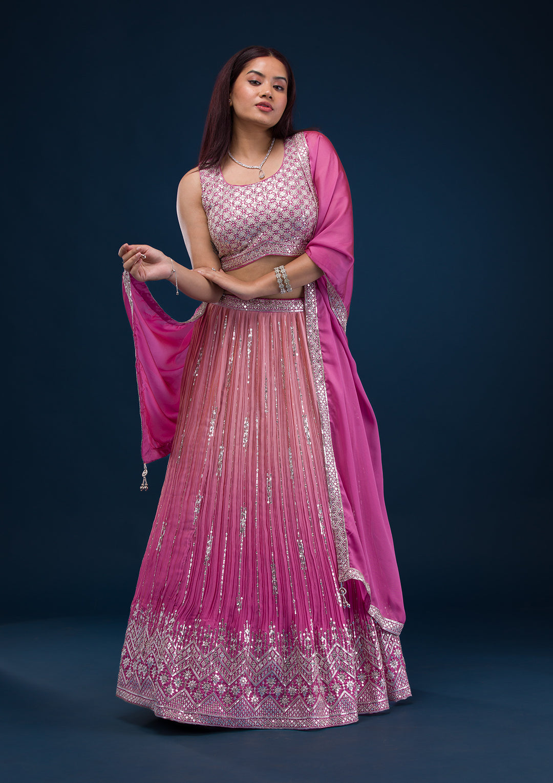Onion Pink Zariwork Semi Crepe Readymade Lehenga