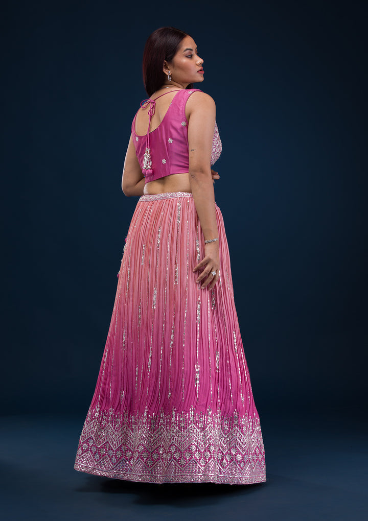 Onion Pink Zariwork Semi Crepe Readymade Lehenga