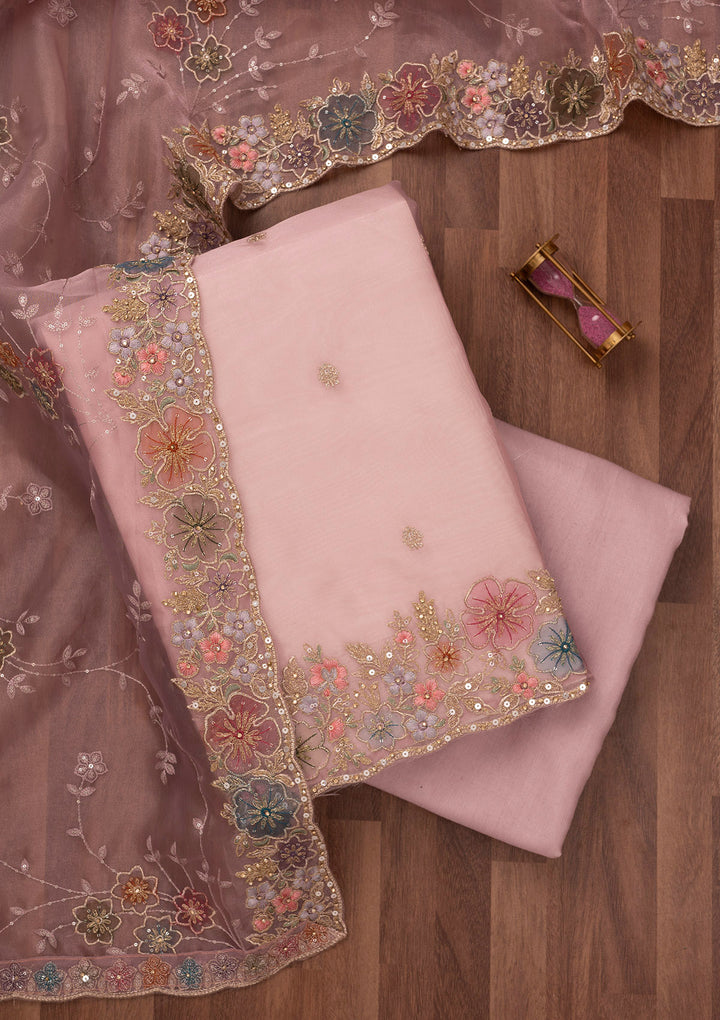 Onion Pink Zariwork Semi Crepe Unstitched Salwar Suit
