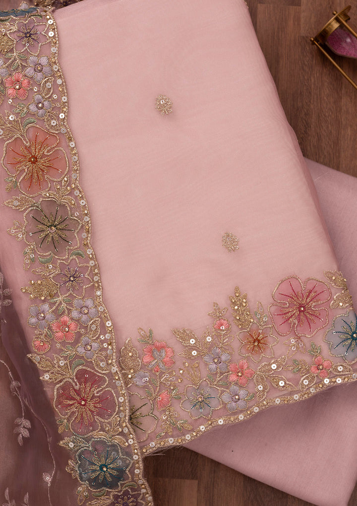 Onion Pink Zariwork Semi Crepe Unstitched Salwar Suit