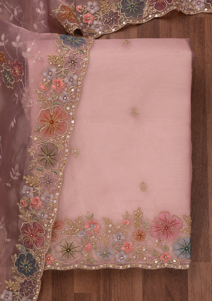 Onion Pink Zariwork Semi Crepe Unstitched Salwar Suit