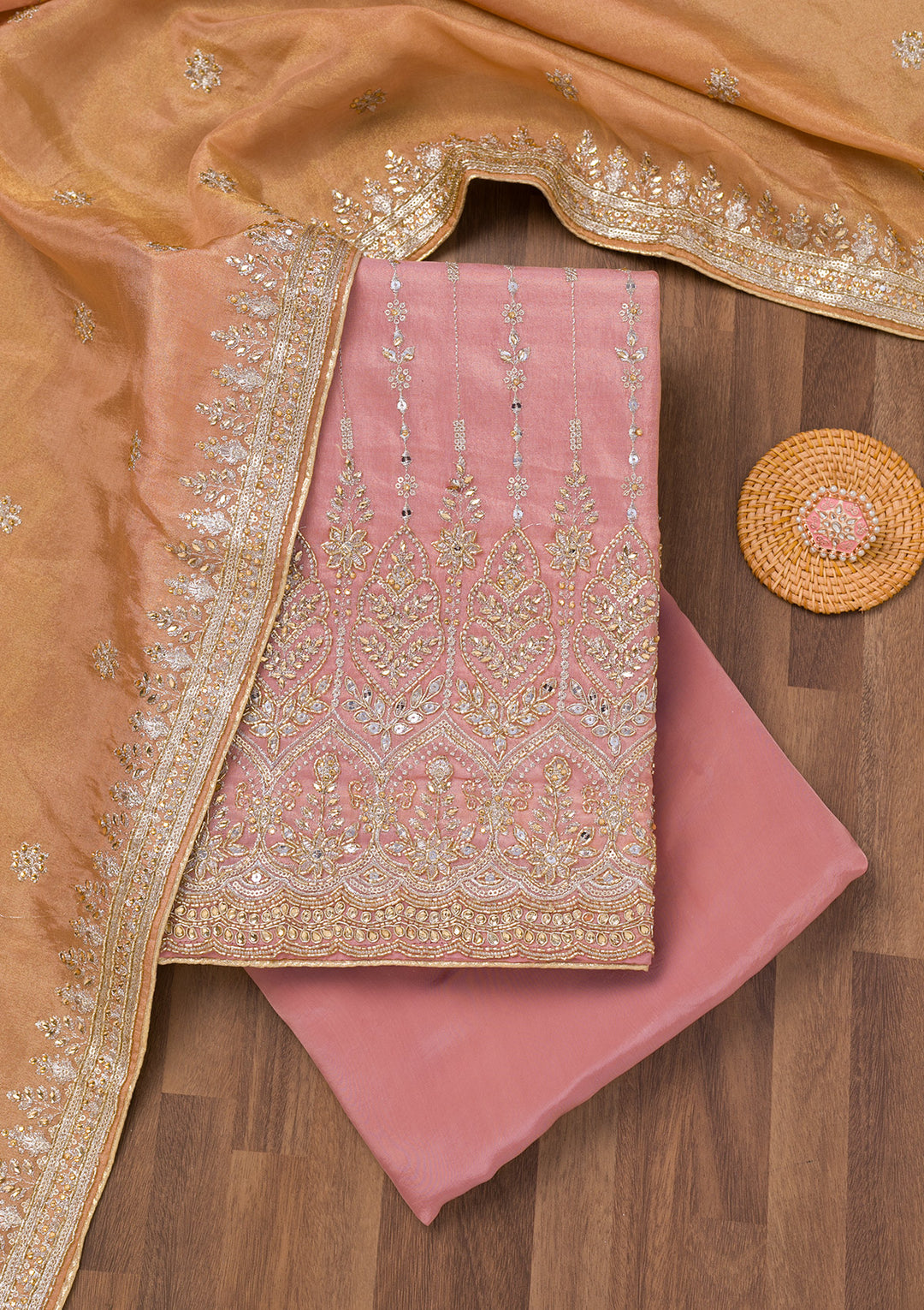 Onion Pink Zariwork Semi Crepe Unstitched Salwar Suit
