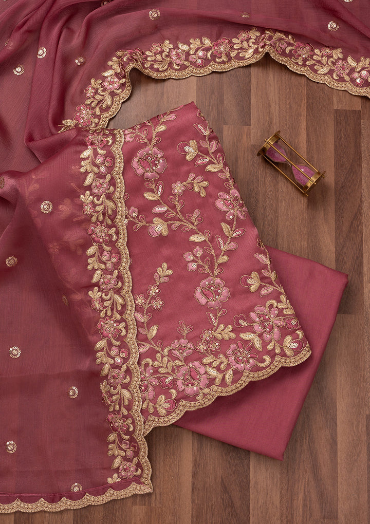 Onion Pink Zariwork Semi Crepe Unstitched Salwar Suit