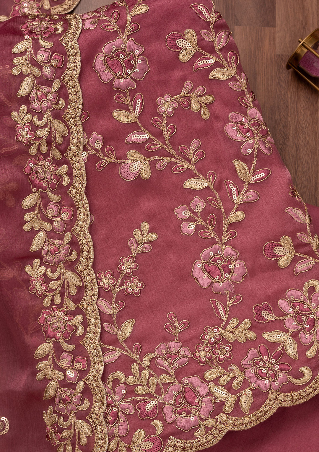 Onion Pink Zariwork Semi Crepe Unstitched Salwar Suit
