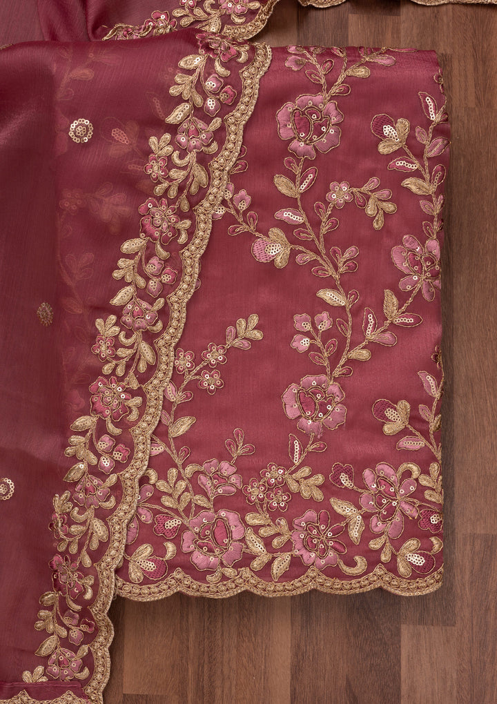 Onion Pink Zariwork Semi Crepe Unstitched Salwar Suit