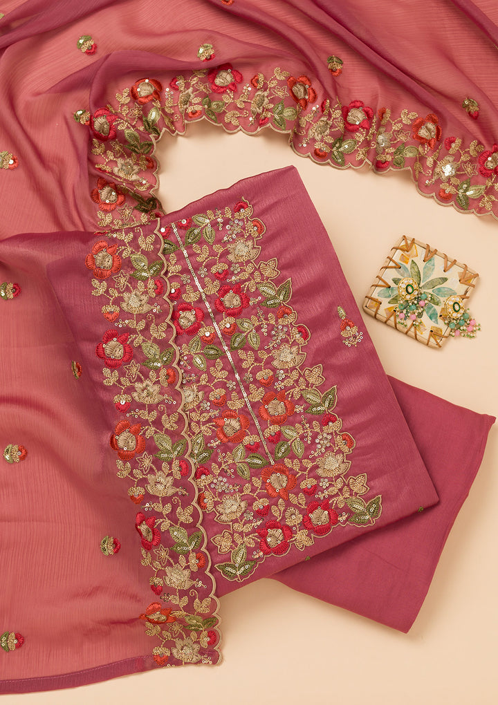 Onion Pink Zariwork Semi Crepe Unstitched Salwar Suit