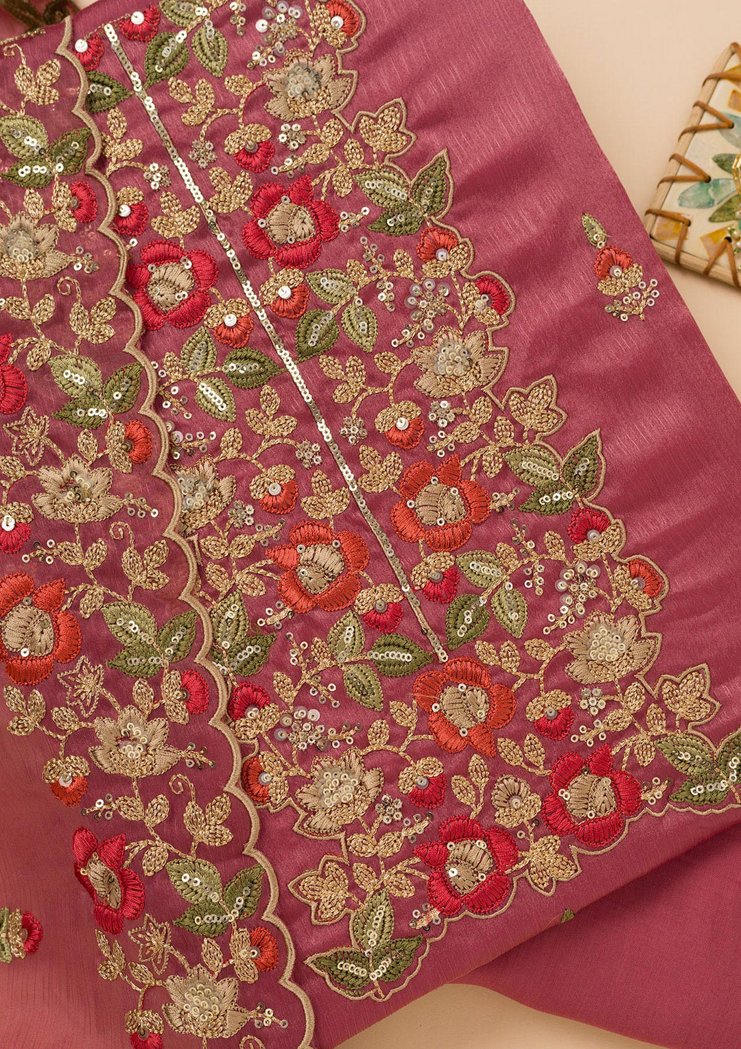 Onion Pink Zariwork Semi Crepe Unstitched Salwar Suit