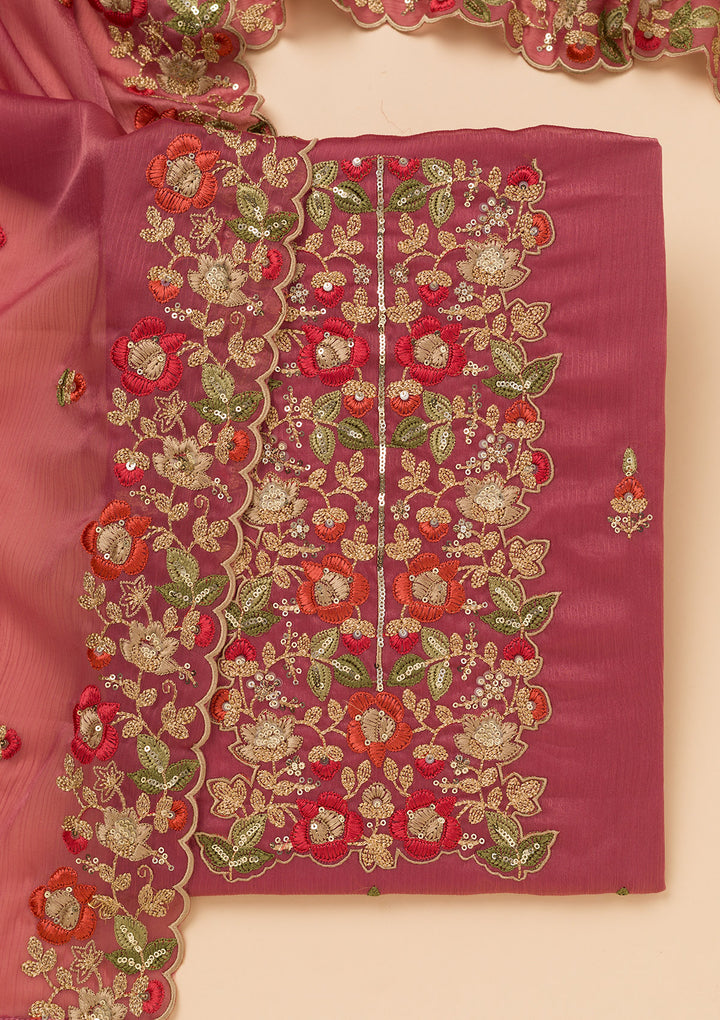 Onion Pink Zariwork Semi Crepe Unstitched Salwar Suit