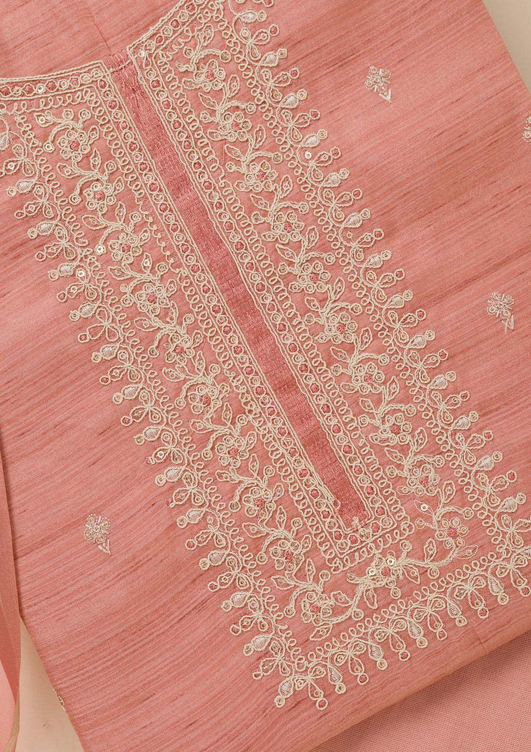 Peach Zariwork Soft Silk Unstitched Salwar Suit