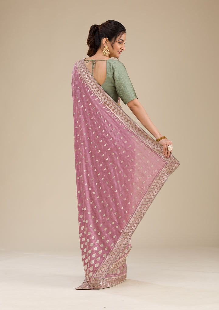 Onion Pink Zariwork Soft Silk Saree