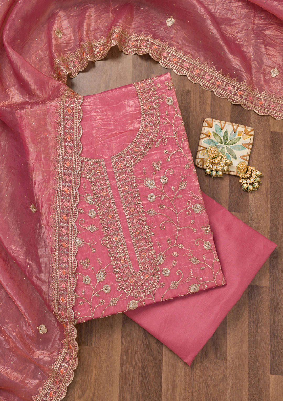 Onion Pink Zariwork Tissue Unstitched Salwar Suit