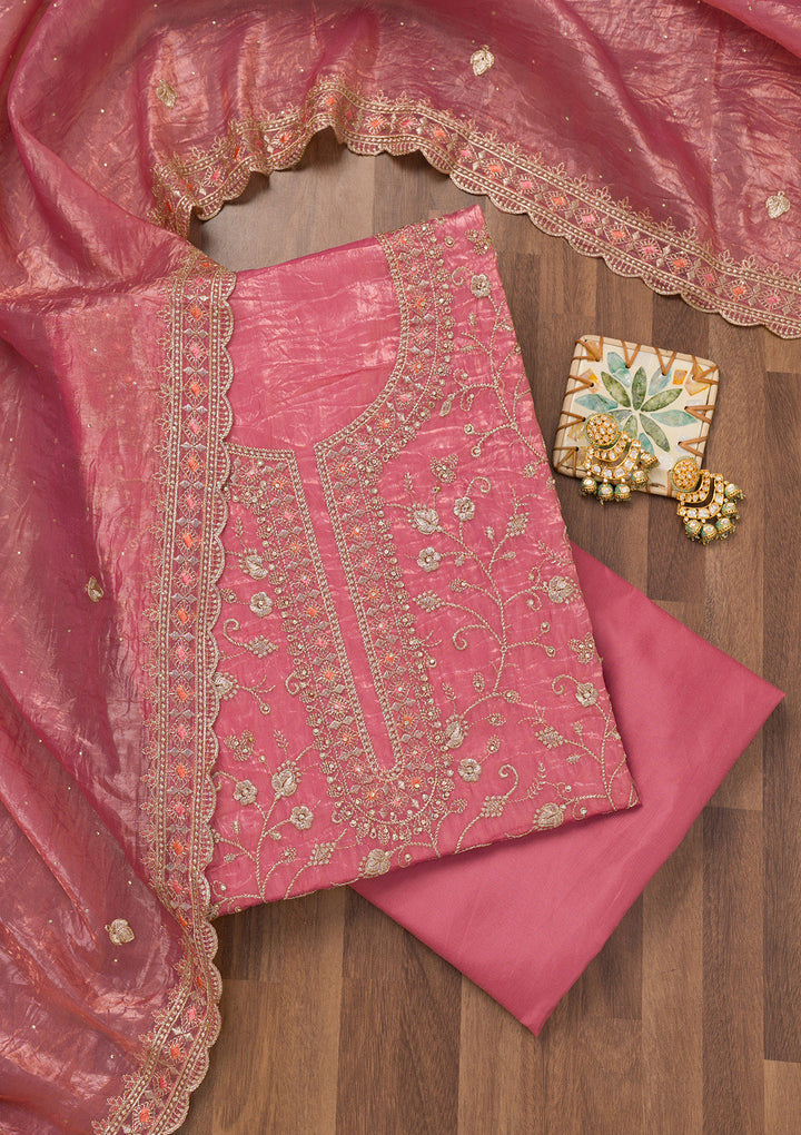 Onion Pink Zariwork Tissue Unstitched Salwar Suit