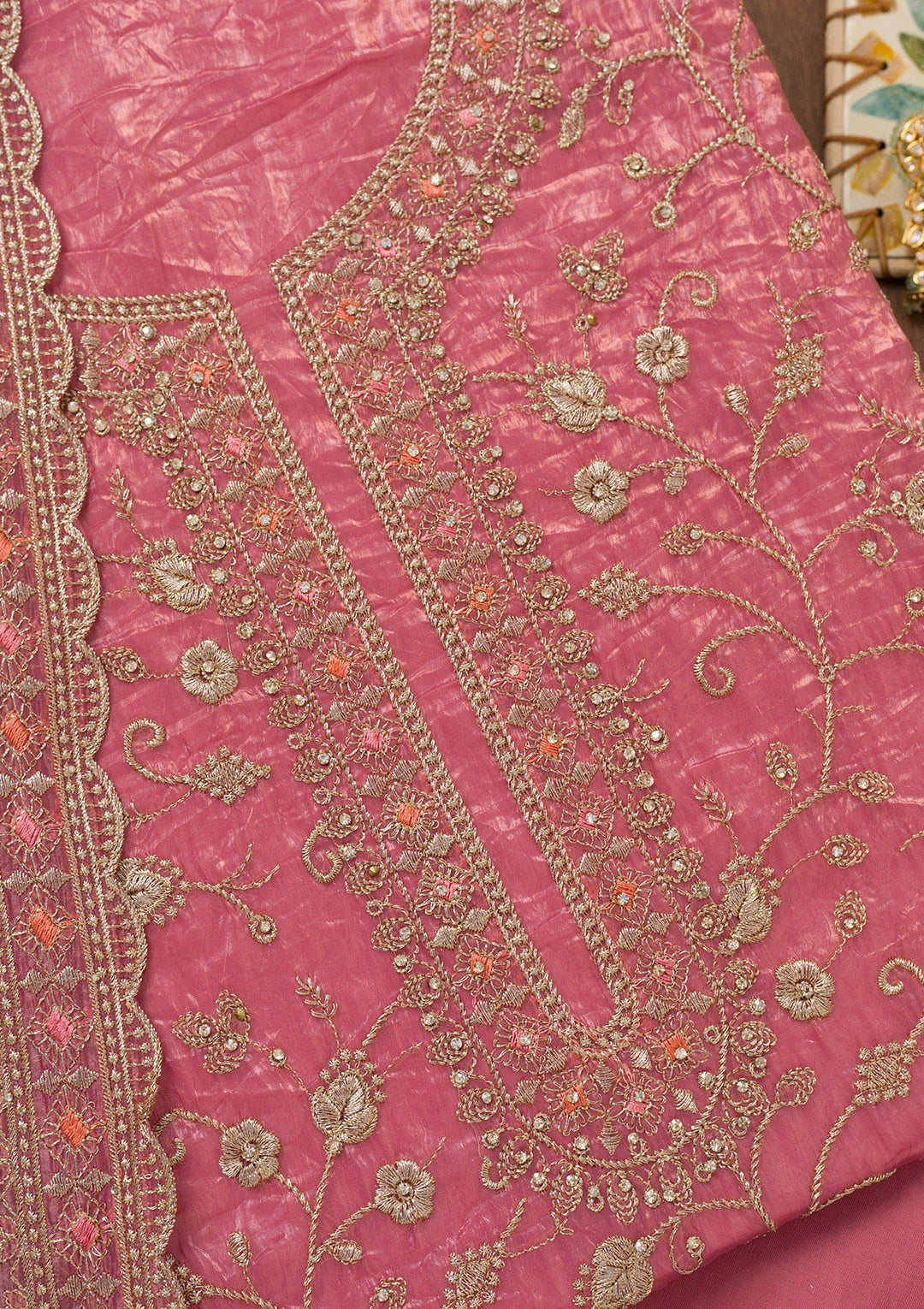 Onion Pink Zariwork Tissue Unstitched Salwar Suit