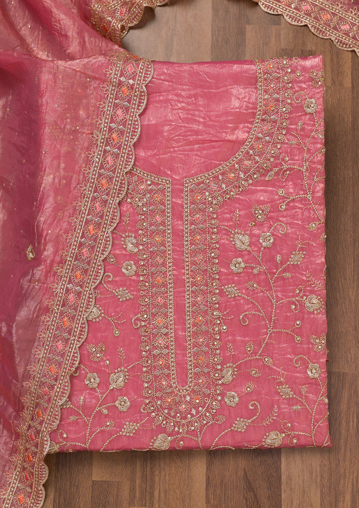 Onion Pink Zariwork Tissue Unstitched Salwar Suit