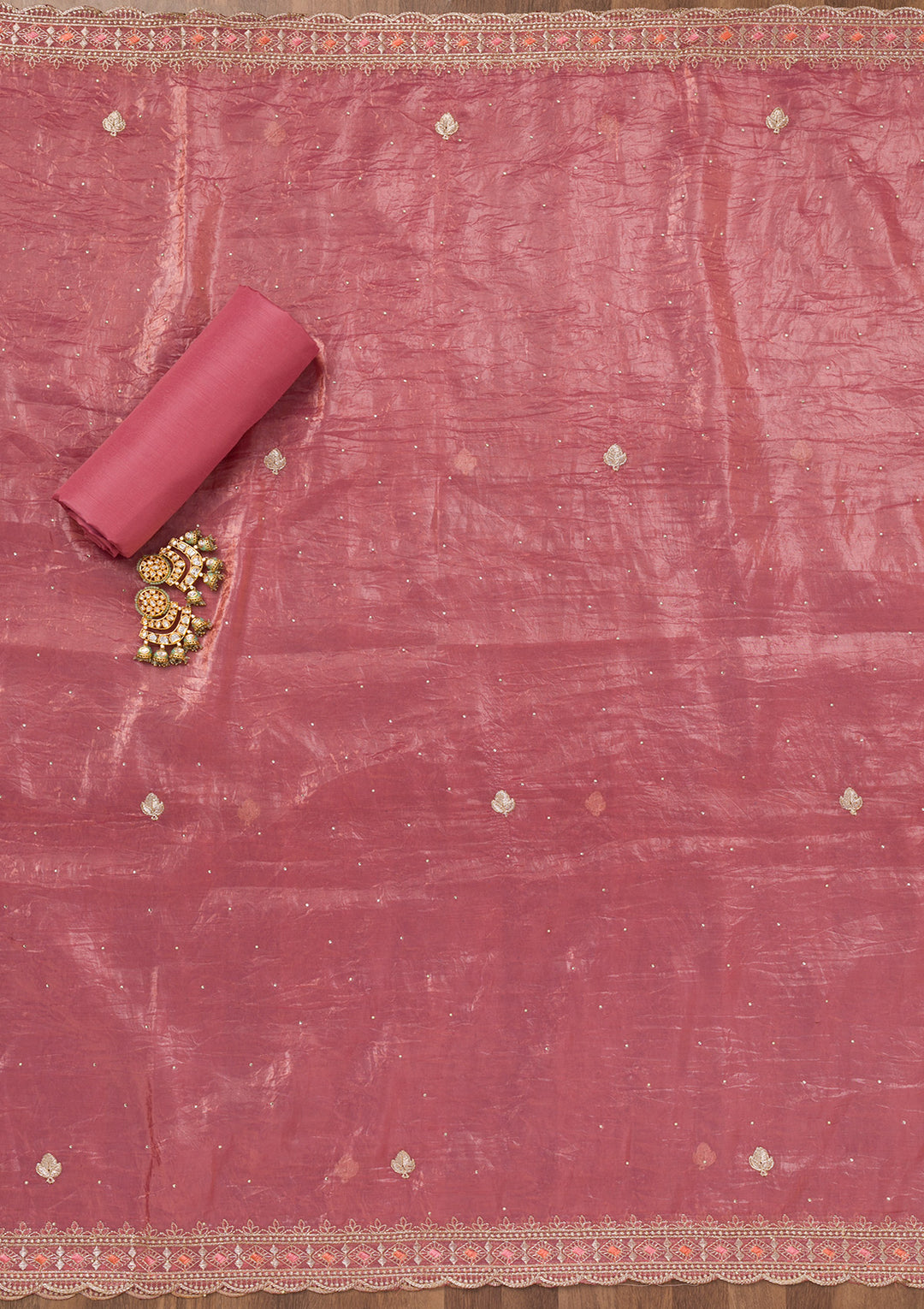 Onion Pink Zariwork Tissue Unstitched Salwar Suit