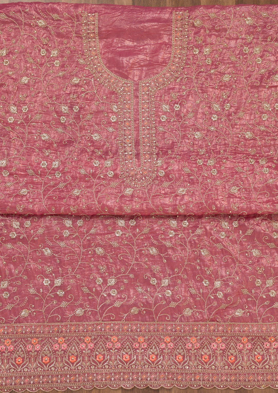 Onion Pink Zariwork Tissue Unstitched Salwar Suit