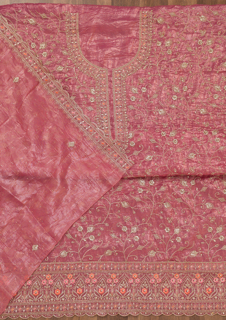 Onion Pink Zariwork Tissue Unstitched Salwar Suit