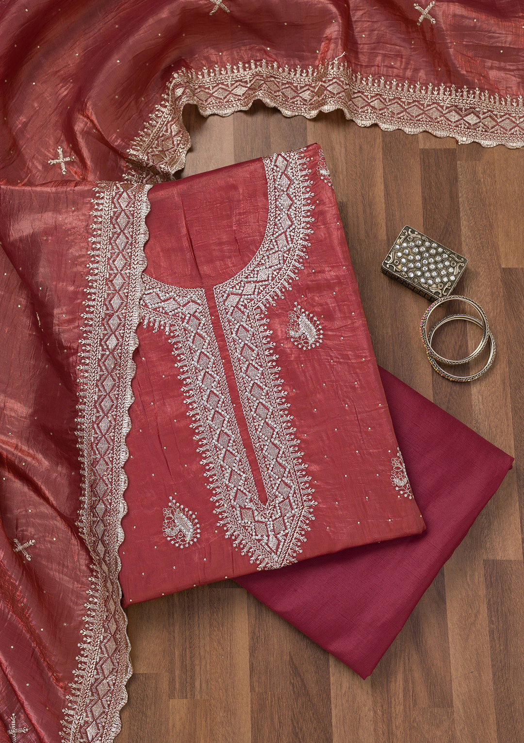 Onion Pink Zariwork Tissue Unstitched Salwar Suit