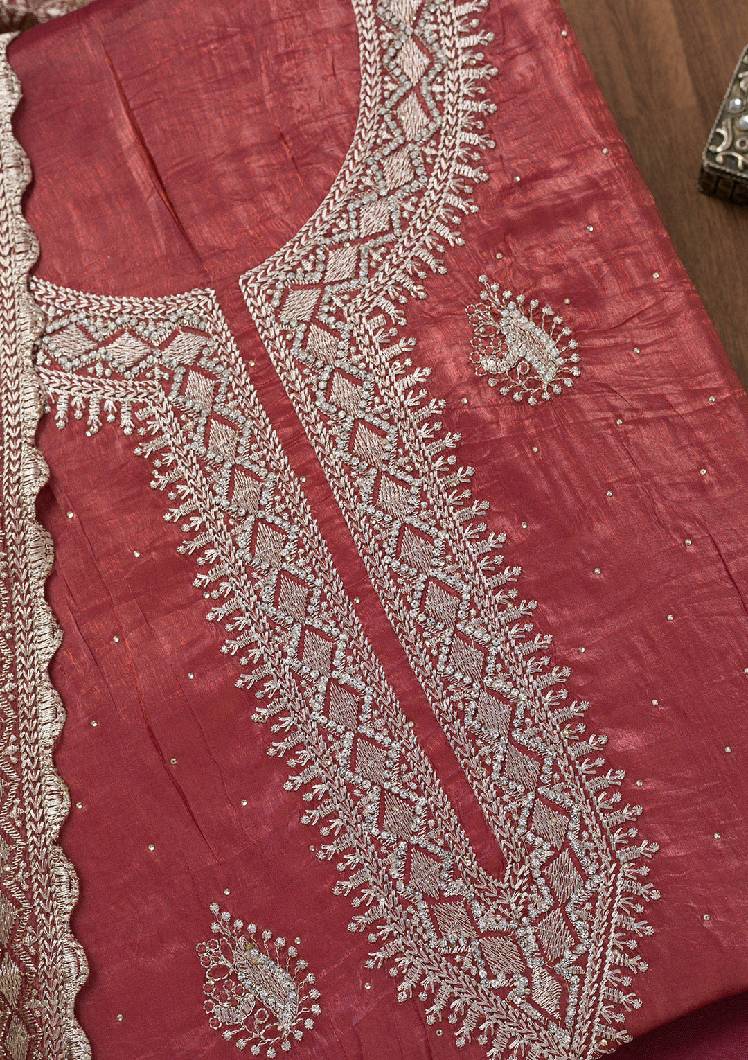 Onion Pink Zariwork Tissue Unstitched Salwar Suit