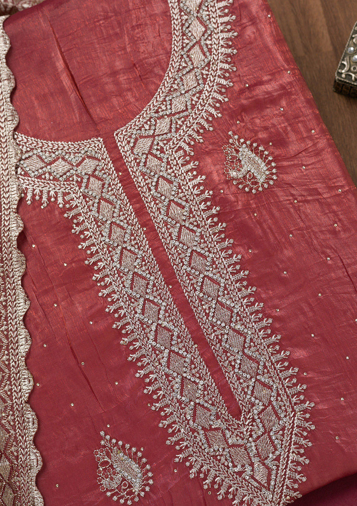 Onion Pink Zariwork Tissue Unstitched Salwar Suit