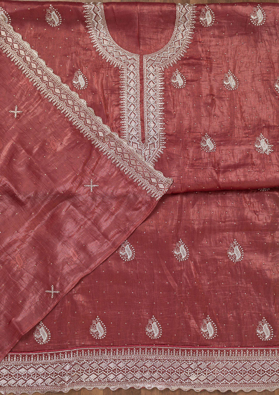 Onion Pink Zariwork Tissue Unstitched Salwar Suit