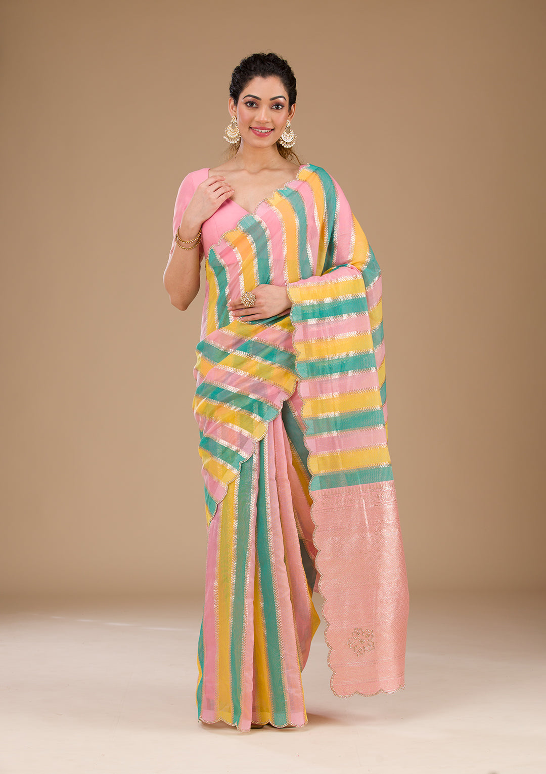 Onion Pink Zariwork Tissue Saree-Koskii