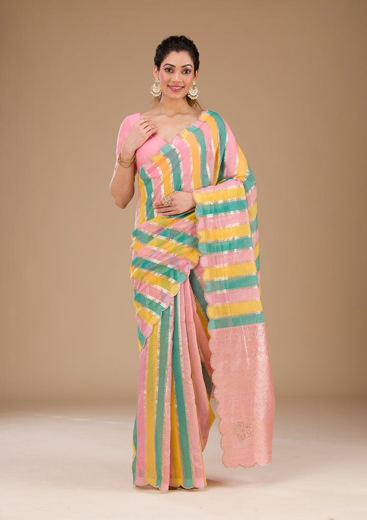 Onion Pink Zariwork Tissue Saree-Koskii