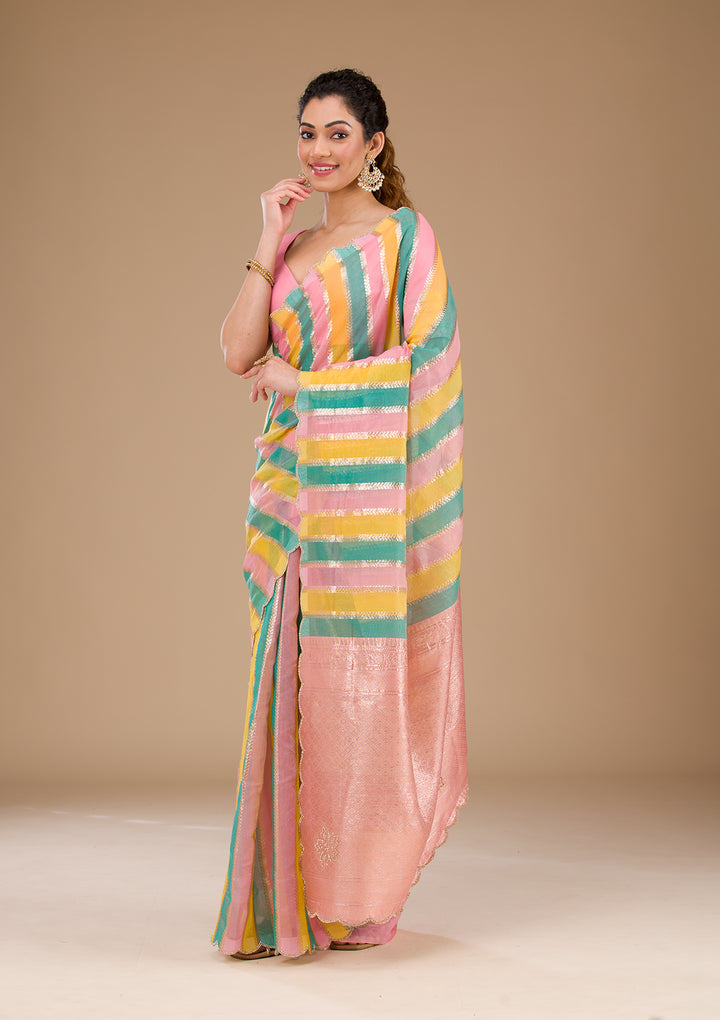 Onion Pink Zariwork Tissue Saree-Koskii