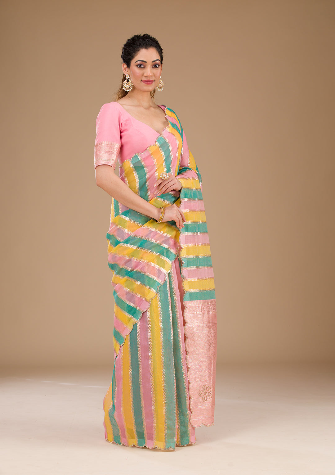 Onion Pink Zariwork Tissue Saree-Koskii