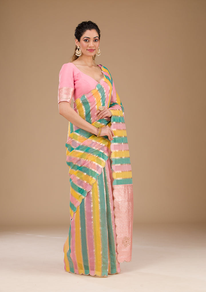 Onion Pink Zariwork Tissue Saree-Koskii