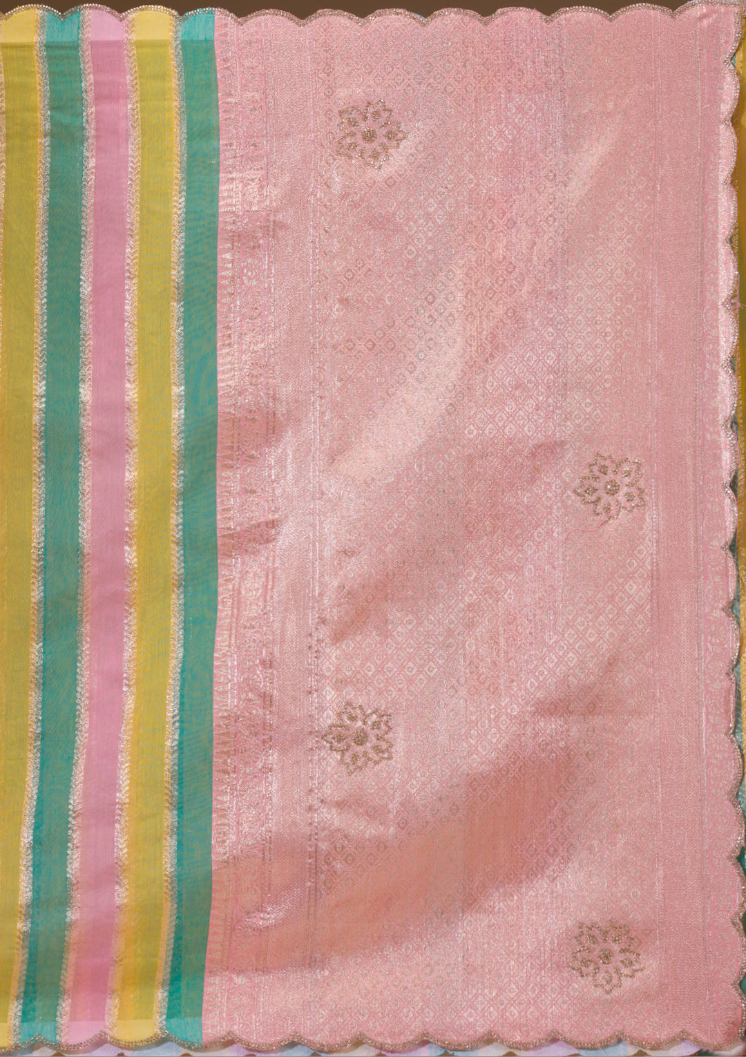Onion Pink Zariwork Tissue Saree-Koskii